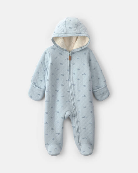 baby boy train teddy fleece long-sleeve jumpsuit - blue