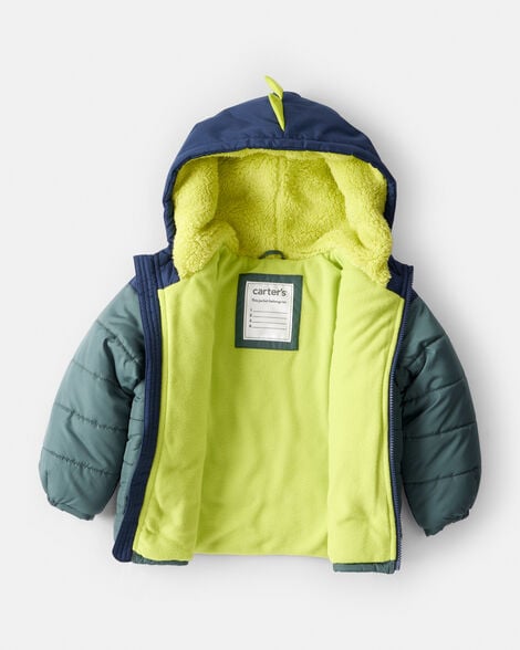 Toddler Boy 2-Piece Dinosaur Hooded Snowsuit Jacket & Bib Set - Green/Blue