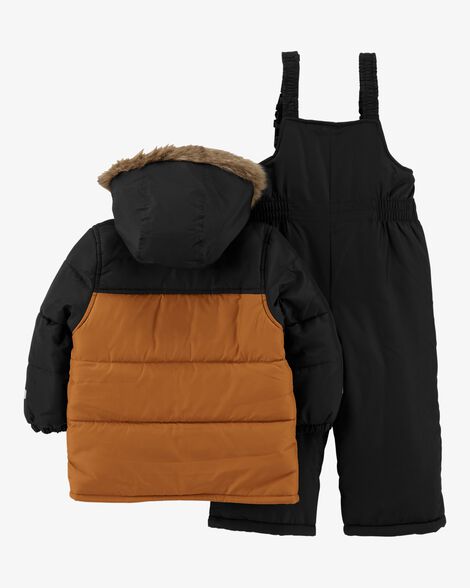 Brown Hooded Faux-Fur Winter Puffer 1-Piece Snowsuit