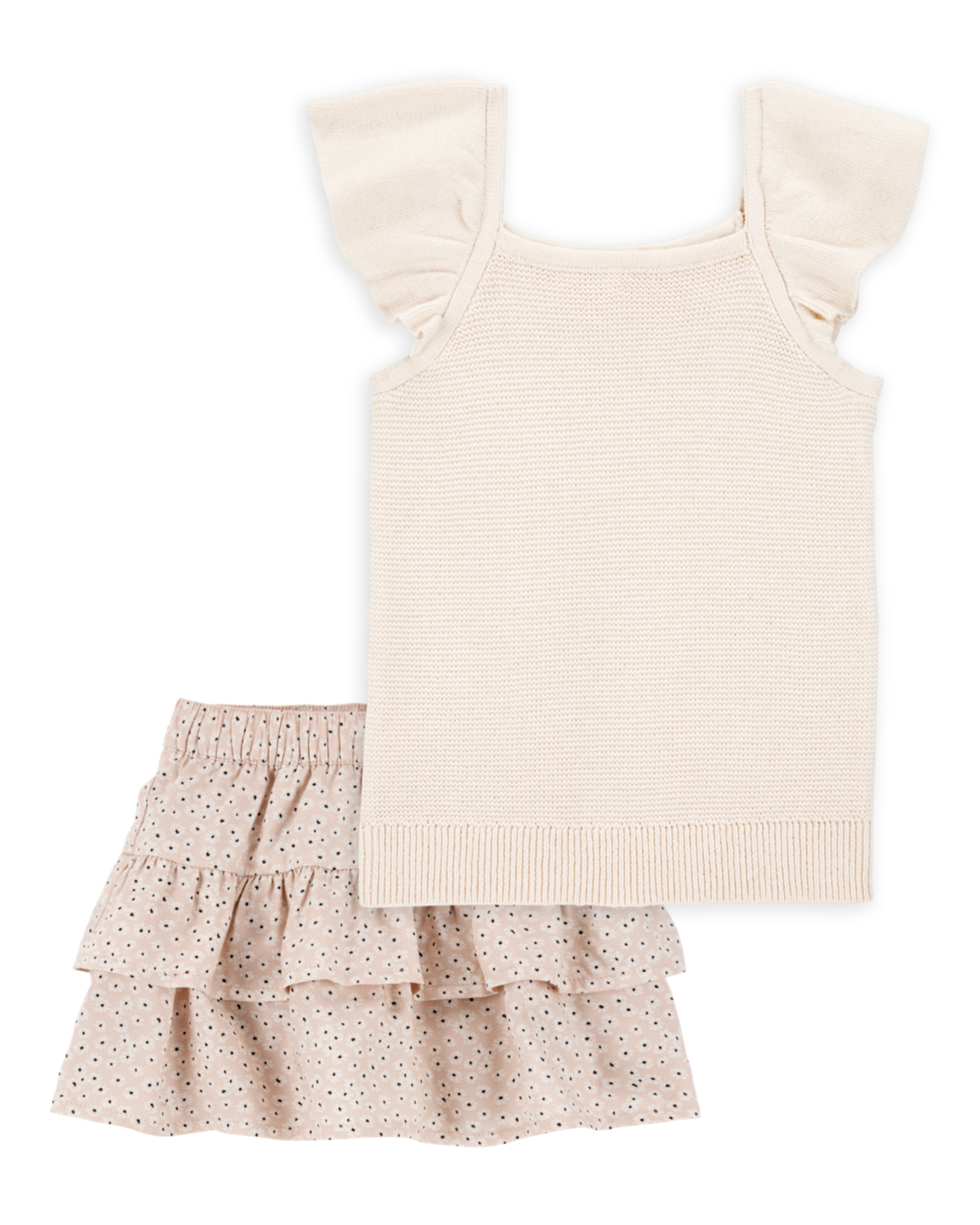 Baby 2-Piece Flutter-Sleeve Rib Tank & Floral Ruffle Skort Set - Tan/White