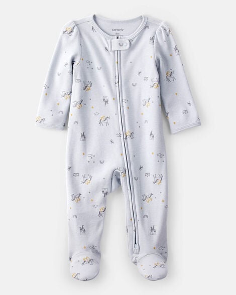 Unicorn Star Print 100% Cotton Long-Sleeve 2-Way Zip Sleep & Play - Blue