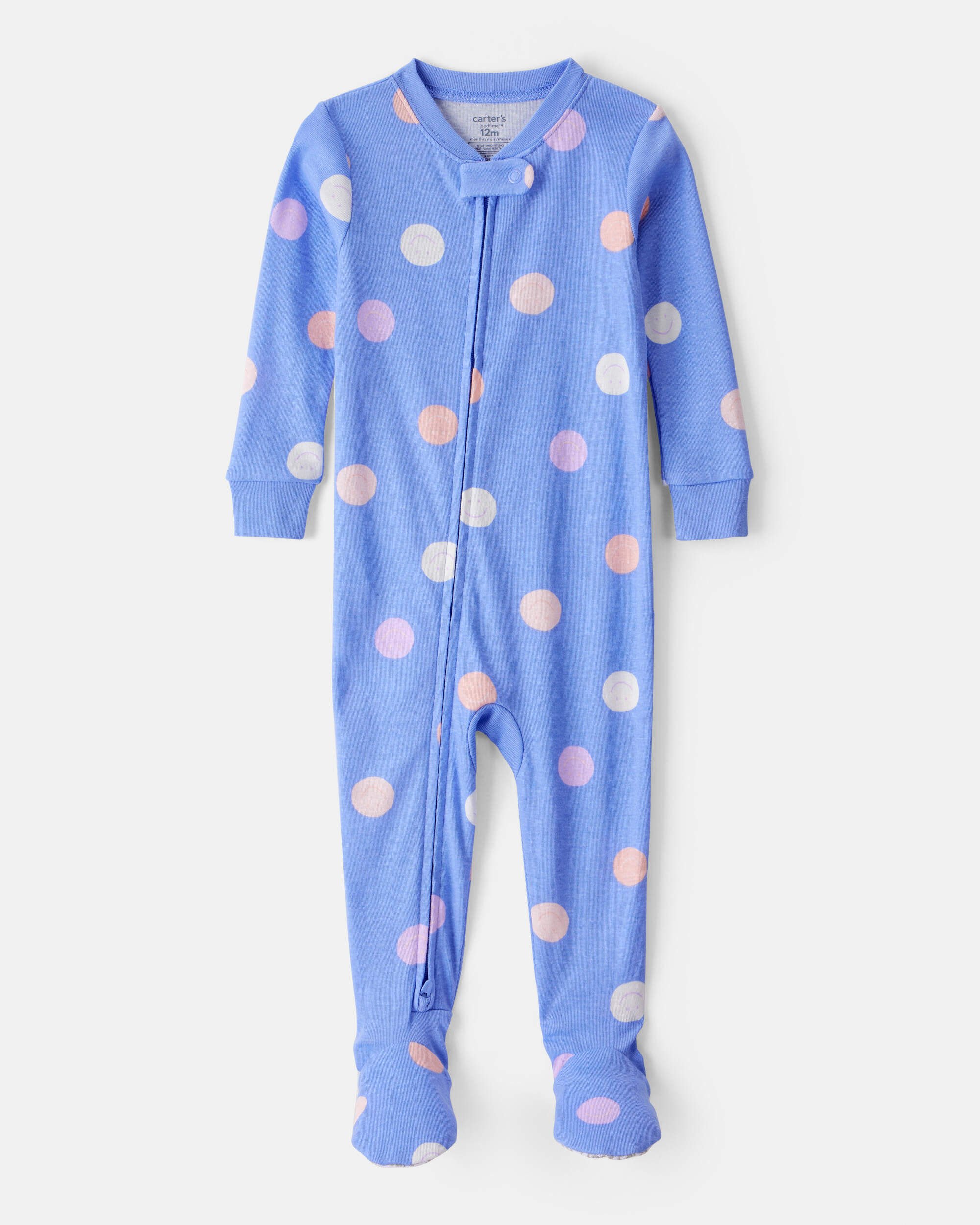 Toddler Girl Smiley Face Print 100% Cotton Long-Sleeve Snug Fit 1-Piece Pajamas - Blue