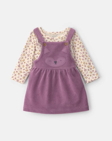 baby girl 2-piece fox velvety long-sleeve dress set - purple/cream
