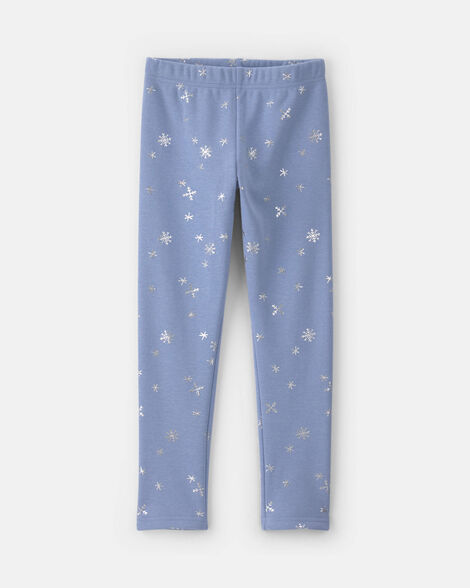 girls snowflake fleece pull-on stretch leggings - blue/white