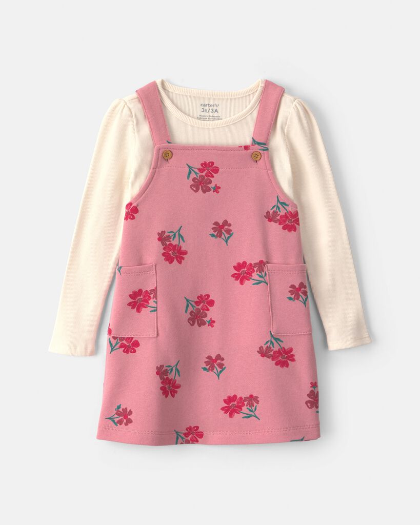 Carter's Toddler Girls' 2T-5T Floral French Terry Long-Sleeve Top and Jumper Dress, 2-Piece Set - Pink/Cream