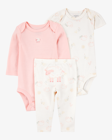 baby girl 3-piece floral sheep bodysuits & pant set - pink/ivory