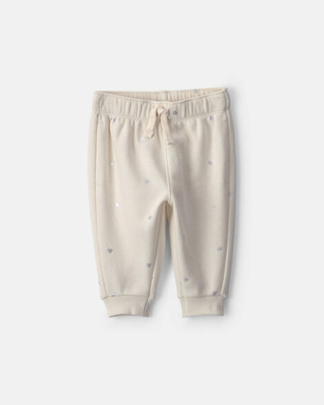 baby girl metallic heart fleece pants - cream
