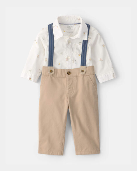 baby boy 2-piece easter bunny bodysuit & suspender pant set - cream/khaki