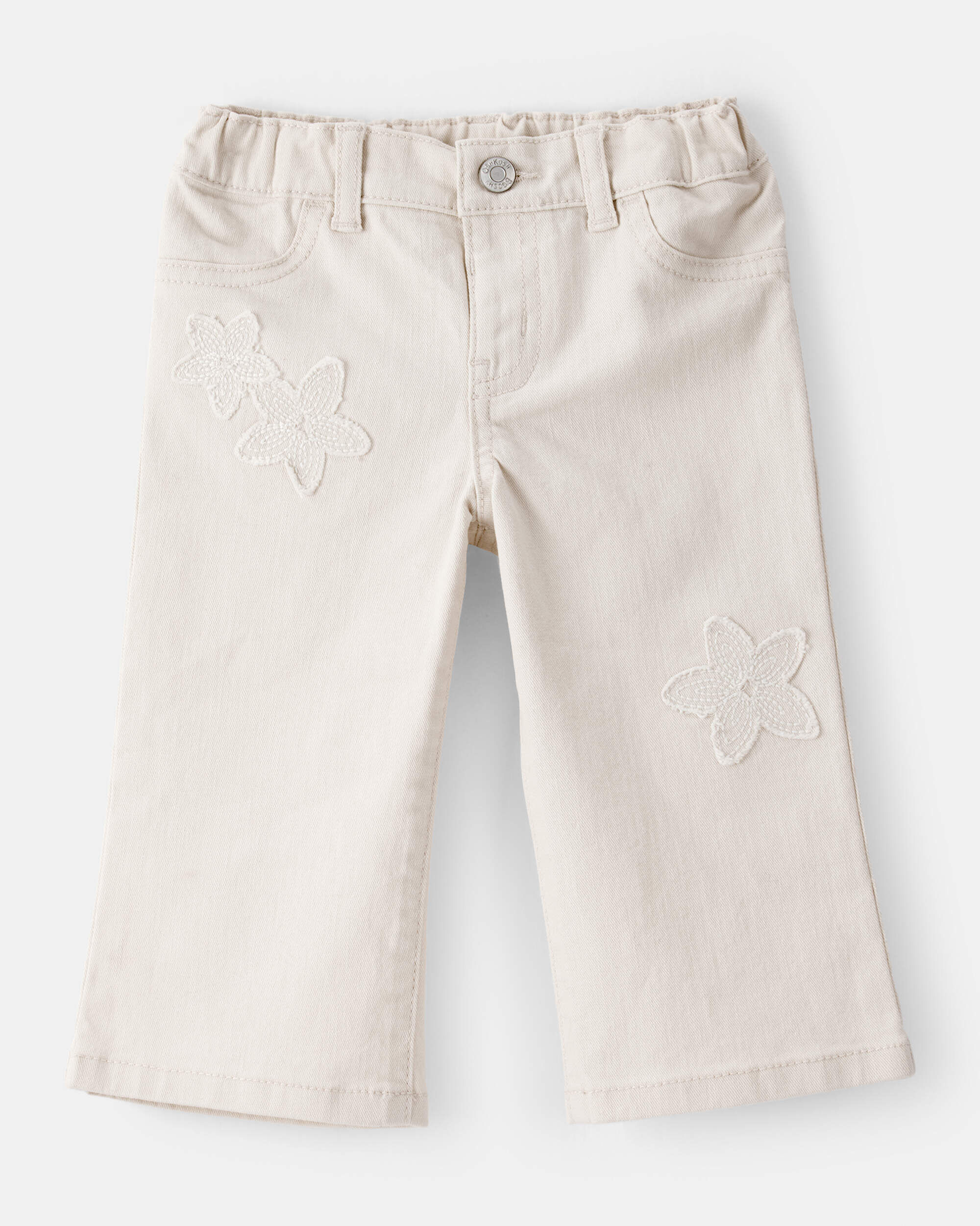 Baby Embroidered Stretch Denim Wide Leg Jeans - Cream