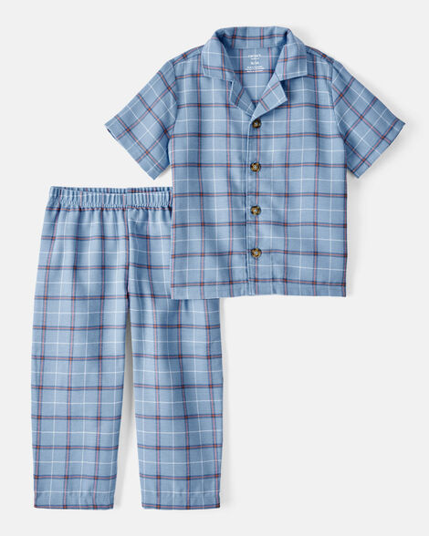 toddler 2-piece plaid coat style loose fit pajamas - blue