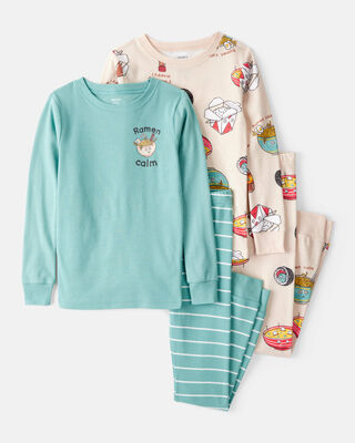 Product image 1 of Boys Ramen Calm Print 100% Cotton Long-Sleeve 4-Piece Pajamas - Blue/White