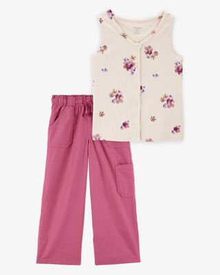 Product image 1 of Kid 2-Piece Floral Button-Down Ribbed Tank Top & Drawstring Pants Set - Pink/Ivory