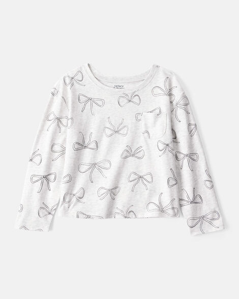 girls bow print long-sleeve top - grey
