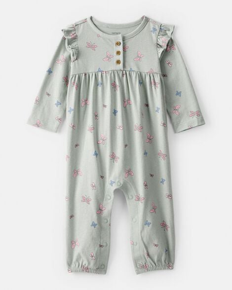 baby girl butterfly ruffle cotton long-sleeve jumpsuit - green