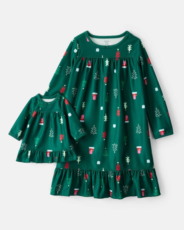 Product image 1 of Girls 2-Piece Christmas Tree Print Fleece Long-Sleeve Loose Fit Night Gown - Green