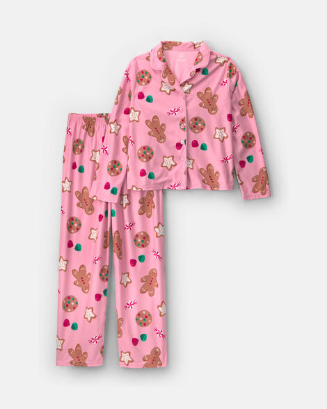 adult 2-piece christmas gingerbread fleece loose fit pajama set - pink