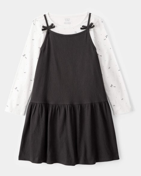 kid 2-piece bow print tee & tank dress set - black/ivory
