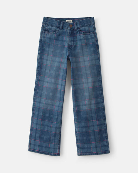 Girls Plaid Denim Wide-Leg Jeans - Medium Wash