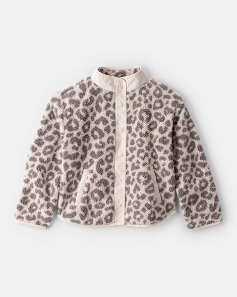 girls leopard print long-sleeve sherpa jacket - brown