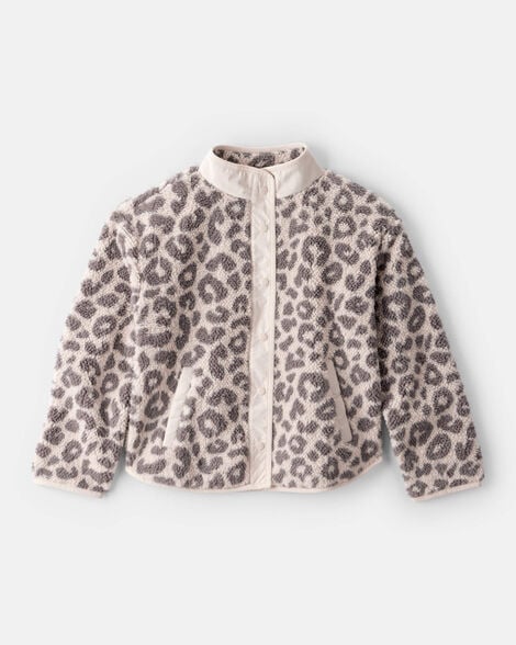 Girls Leopard Print Long-Sleeve Sherpa Jacket - Brown