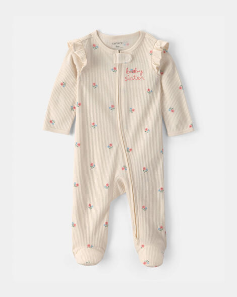 baby girl 'baby sister' cotton 2-way zip sleep & play pajamas - ivory
