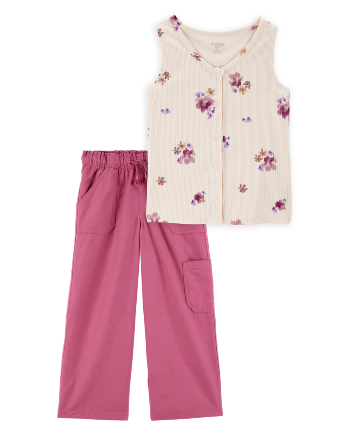 Kid 2-Piece Floral Button-Down Ribbed Tank Top & Drawstring