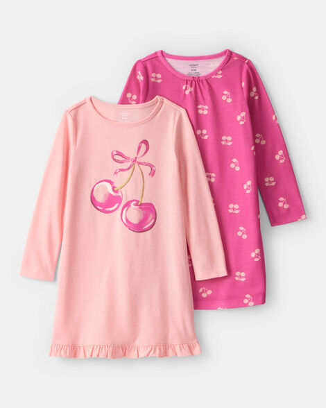 girls cherry print long-sleeve loose fit night gowns - pink