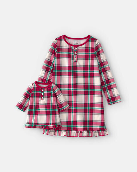 girls 2-pack christmas plaid fleece loose fit night gown & doll gown - red/green
