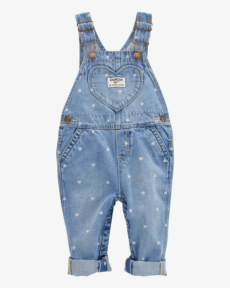 Baby Heart-Print Knit Denim Overalls - Blue