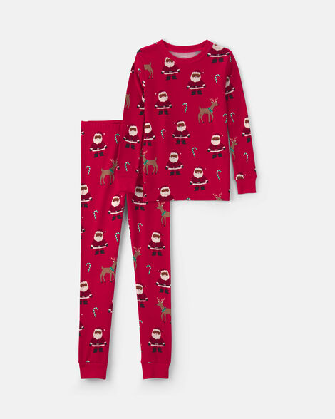 kids 2-piece brown santa christmas 100% cotton snug fit pajama set - red
