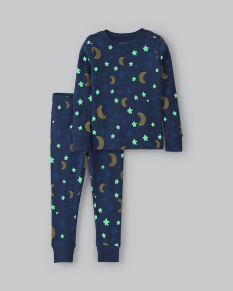 kids 2-piece star glow in the dark 100% cotton snug fit pajama set - blue