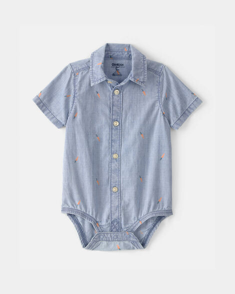 Baby Boy Easter Carrot Chambray Short-Sleeve Button-Down Bodysuit - Light Wash