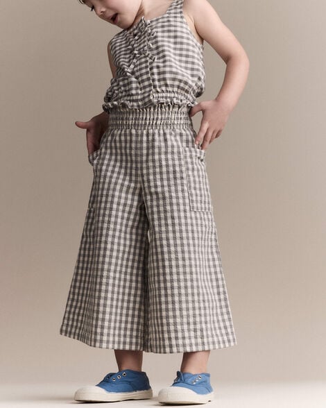Toddler Girl Gingham Smocked Wide Leg Pant - Cream/Grey