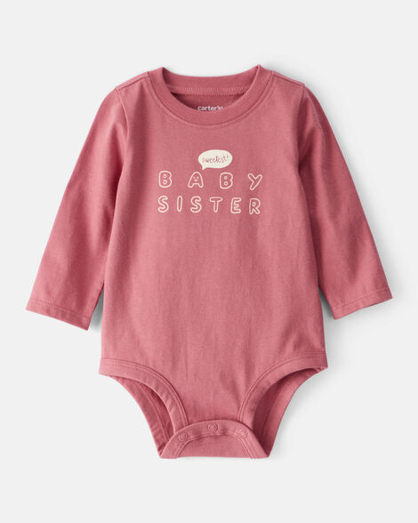 baby girl sweetest baby sister cotton long-sleeve graphic bodysuit - pink