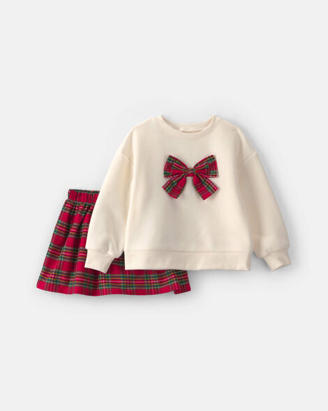 toddler girl 2-piece bow plaid fleece long-sleeve top & skort set - cream/red
