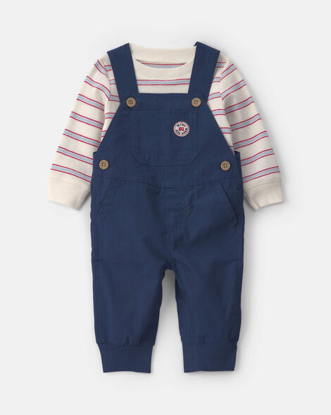 baby boy 2-piece striped canvas 'mini all star' long-sleeve overall set - navy blue/cream