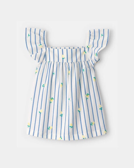 toddler girl flutter-sleeve lemon striped top - blue/white