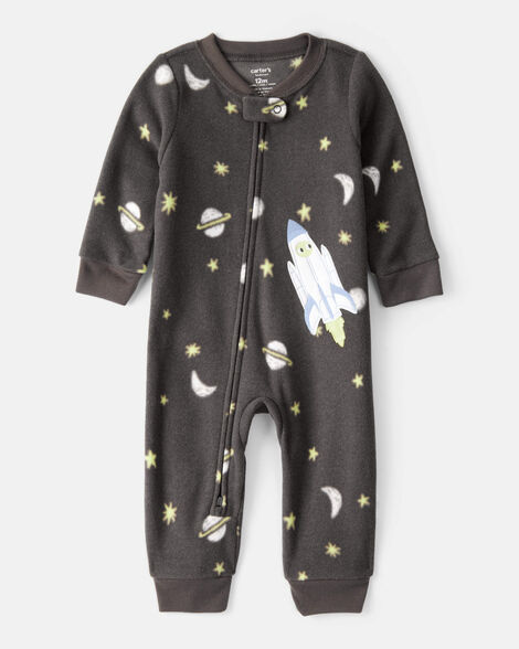 toddler boy spaceship star fleece long-sleeve loose fit 1-piece pajamas - grey