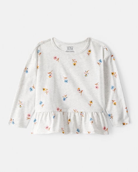 toddler girl floral long-sleeve peplum top - grey