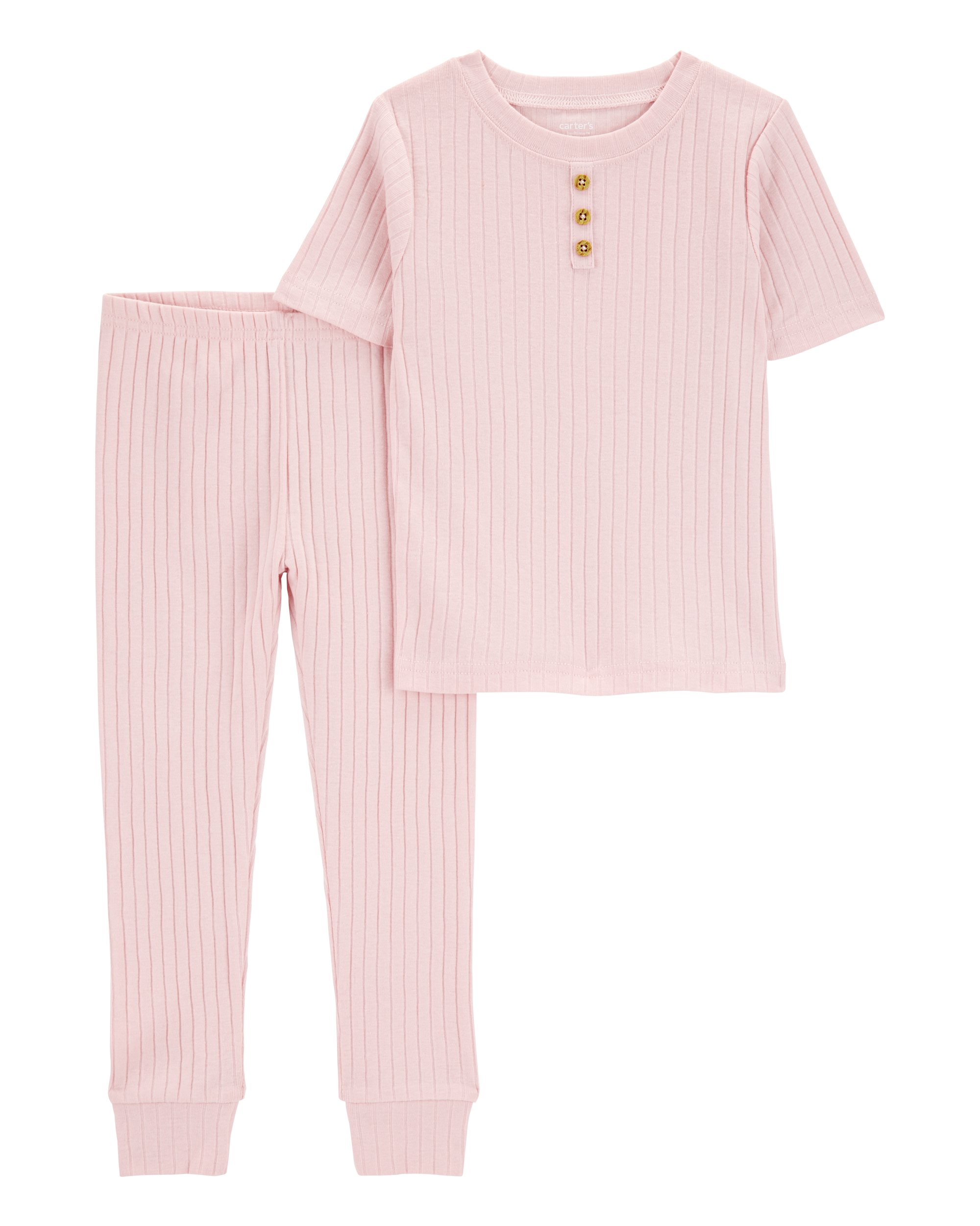 Baby Solid Ribbed Cotton Blend 2-Piece Pajamas - Pink