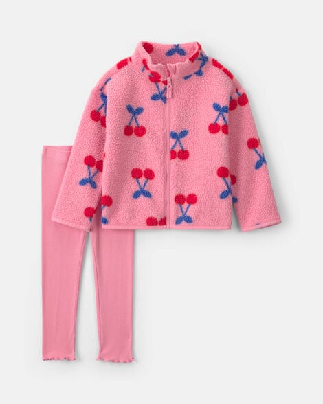 baby girl 2-piece cherry fleece jacket & pant set - pink