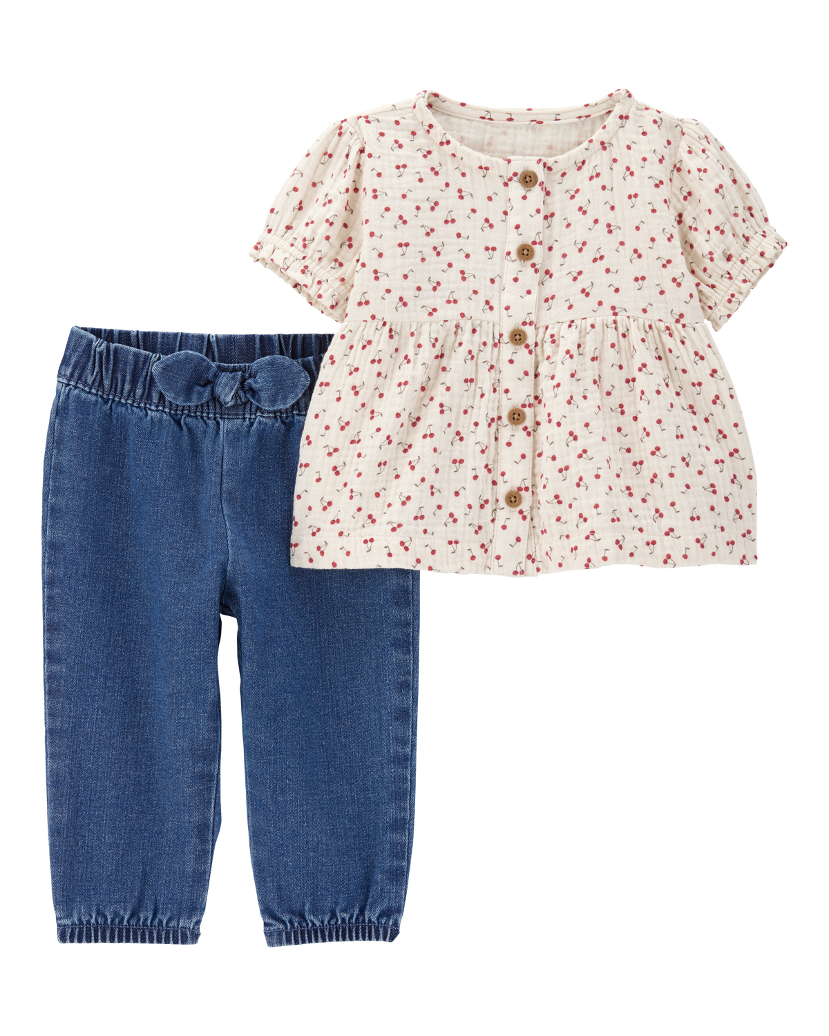 odj♡ Baby Girl 2-Piece Floral Button-Front Top & Pull-On Denim