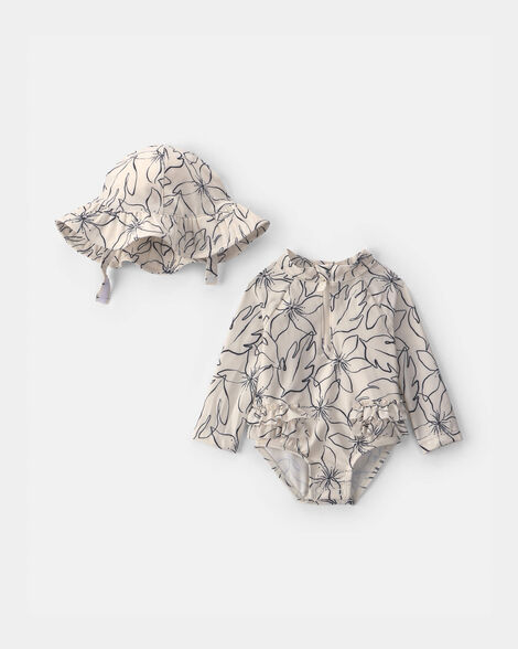 baby girl 2-piece floral rashguard swimsuit & hat set - black/ivory