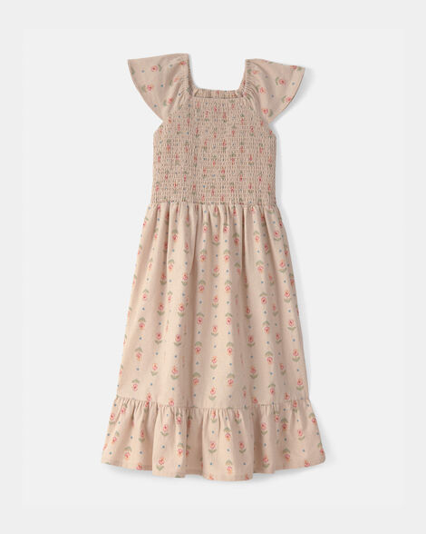 Girls Floral Smocked Midi Dress - Tan