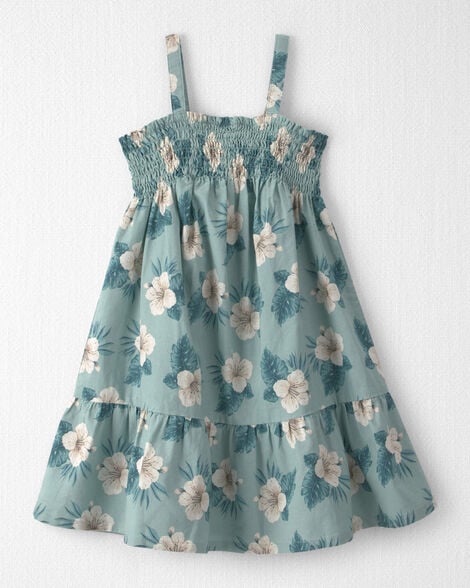Girls Smocked Linen Dress Made with Organic Cotton in Blue Hibiscus