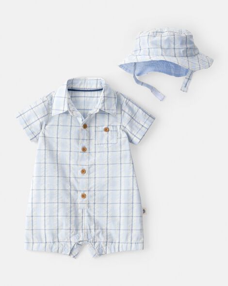 baby boy 2-piece plaid romper & hat set - blue
