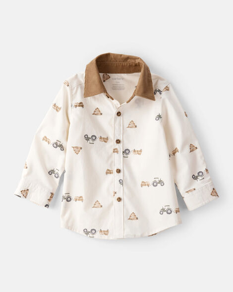 baby boy tractor print cotton long-sleeve button down shirt - white