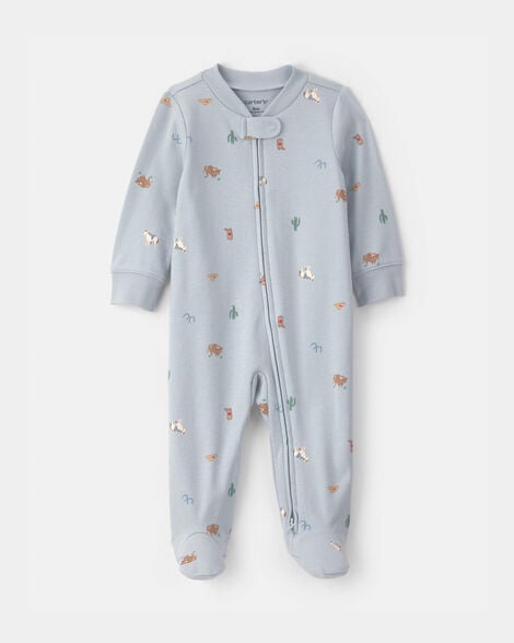 baby western 100% cotton 2-way zip sleep & play pajamas - blue