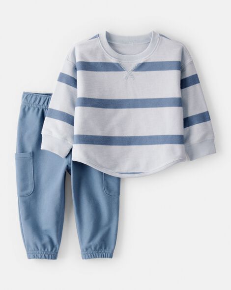 baby boy striped french terry long-sleeve tee & pant set - blue