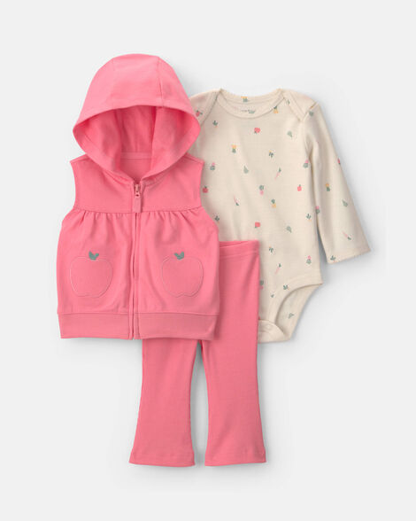 baby girl 3-piece apple french terry long-sleeve hooded layering set - coral/cream
